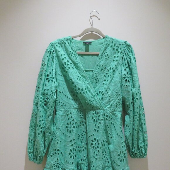 KAREN MILLEN Cotton Broderie Wrap Mini Dress in Mint Green Feminine Preppy Sz 8 - Picture 3 of 14